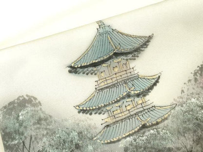 平和屋着物▼塩瀬　九寸名古屋帯　作家物　名所風景文　手描き　金彩　正絹　逸品　DABJ1423az