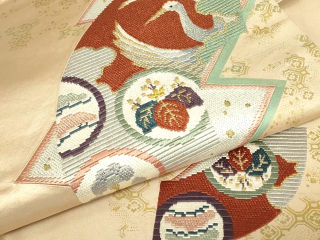 平和屋着物▼絽刺し　区限刺繍　太鼓柄袋帯　地紙飛鶴花文　金糸　引箔　正絹　逸品　DABJ1511az