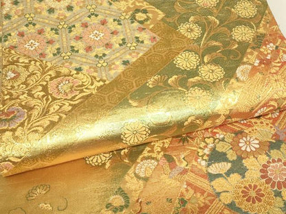 平和屋着物▼佐賀錦　両面　六通柄袋帯　天井花丸文　金糸　正絹　逸品　DABJ1501az