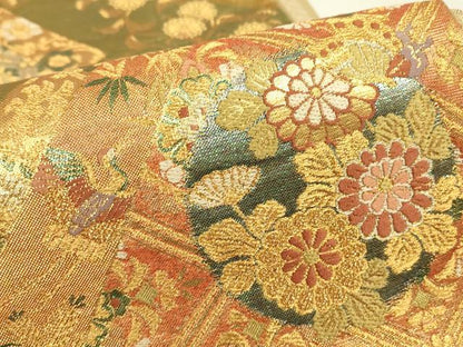 平和屋着物▼佐賀錦　両面　六通柄袋帯　天井花丸文　金糸　正絹　逸品　DABJ1501az