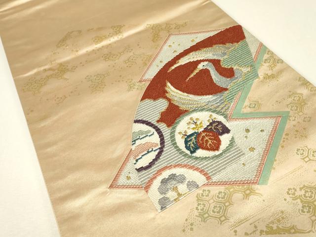 平和屋着物▼絽刺し　区限刺繍　太鼓柄袋帯　地紙飛鶴花文　金糸　引箔　正絹　逸品　DABJ1511az