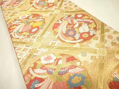 平和屋着物▼西陣　野々村織物謹製　六通柄袋帯　唐織　鳳凰天井花文　金糸　正絹　逸品　DABJ1488az