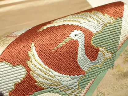 平和屋着物▼絽刺し　区限刺繍　太鼓柄袋帯　地紙飛鶴花文　金糸　引箔　正絹　逸品　DABJ1511az