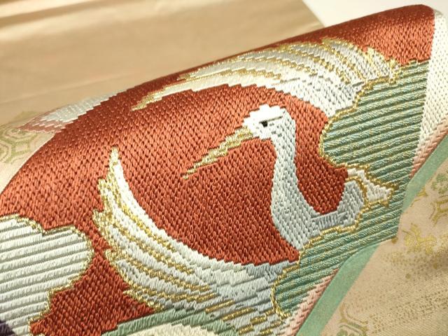 平和屋着物▼絽刺し　区限刺繍　太鼓柄袋帯　地紙飛鶴花文　金糸　引箔　正絹　逸品　DABJ1511az