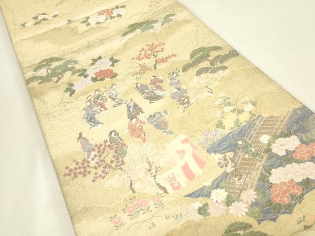 平和屋着物▼六通柄袋帯　寿光織　人物風景文　金糸　正絹　逸品　DABJ1490az