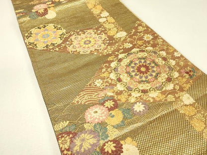 平和屋着物▼六通柄袋帯　正倉院花文　金糸　正絹　逸品　DABJ1543az