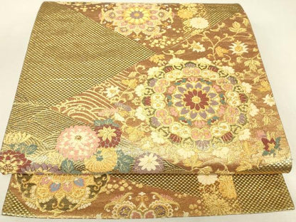 平和屋着物▼六通柄袋帯　正倉院花文　金糸　正絹　逸品　DABJ1543az