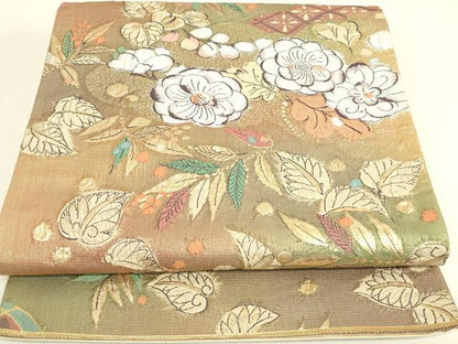 平和屋着物▼六通柄袋帯　辻が花　膨れ織　金糸　正絹　逸品　DABJ1572az