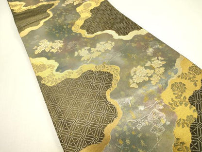 平和屋着物▼六通柄袋帯　道長花文　金糸　引箔　正絹　逸品　DABJ1570az