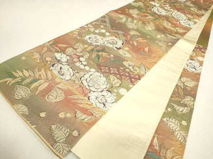 平和屋着物▼六通柄袋帯　辻が花　膨れ織　金糸　正絹　逸品　DABJ1572az