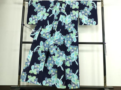 平和屋着物∴夏物　浴衣　注染　手縫い　花束文　リボン　綿　逸品　DABJ4335cd