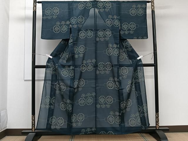 平和屋着物＊夏物　小紋　紗　亀甲草花文　洗える着物　CABL6857xi