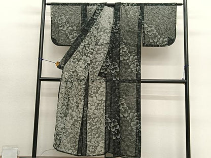 平和屋着物＊夏物　小紋　紗　草花文　黒地　洗える着物　BAAY4444hv