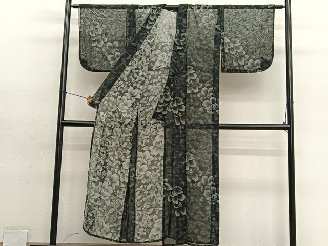 平和屋着物＊夏物　小紋　紗　草花文　黒地　洗える着物　BAAY4444hv