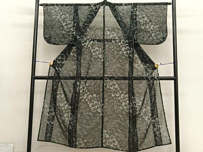 平和屋着物＊夏物　小紋　紗　草花文　黒地　洗える着物　BAAY4444hv