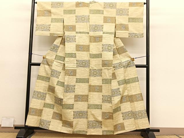 平和屋着物▽上質な紬　単衣　横段飾花文　正絹　逸品　BAAY4513hv