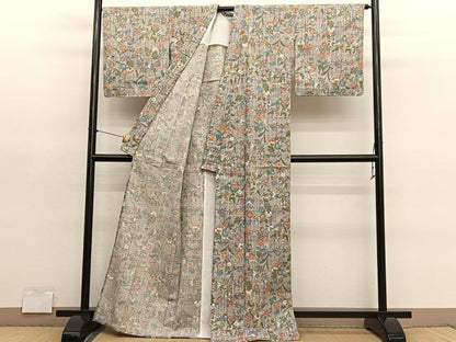 平和屋着物▽上質な小紋　単衣　紬地　枝花文　正絹　逸品　BAAY4512hv