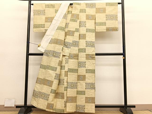 平和屋着物▽上質な紬　単衣　横段飾花文　正絹　逸品　BAAY4513hv