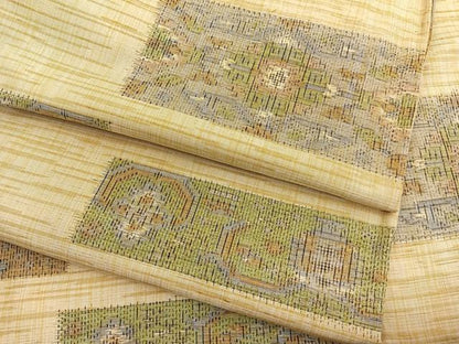 平和屋着物▽上質な紬　単衣　横段飾花文　正絹　逸品　BAAY4513hv