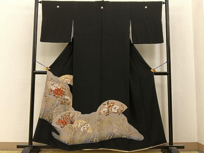 平和屋着物■豪華黒留袖　駒刺繍　地紙花鳥文　金彩　正絹　逸品　BAAY6598hj