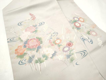 平和屋着物●塩瀬 九寸名古屋帯 友禅 作家物 流水草花文 正絹 逸品 CABL5076hy