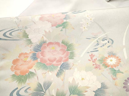 平和屋着物●塩瀬 九寸名古屋帯 友禅 作家物 流水草花文 正絹 逸品 CABL5076hy