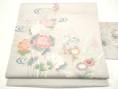 平和屋着物●塩瀬 九寸名古屋帯 友禅 作家物 流水草花文 正絹 逸品 CABL5076hy