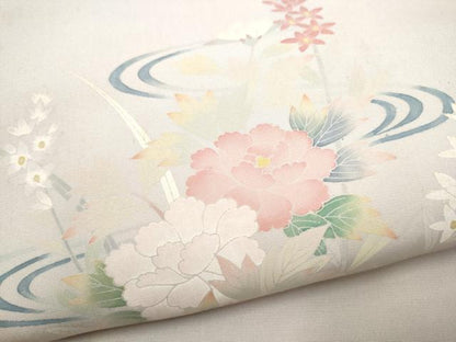 平和屋着物●塩瀬 九寸名古屋帯 友禅 作家物 流水草花文 正絹 逸品 CABL5076hy
