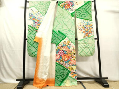 平和屋着物■豪華振袖　駒刺繍　絞り　草花文　枝梅　金彩　正絹　逸品　DABJ4354cd