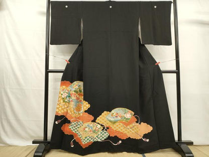 平和屋着物■豪華黒留袖　駒刺繍　地紙孔雀花文　枝梅　金彩　正絹　逸品　DABJ4374cd
