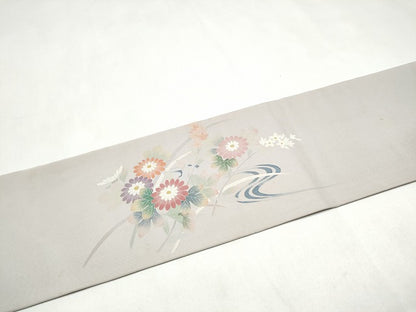 平和屋着物●塩瀬 九寸名古屋帯 友禅 作家物 流水草花文 正絹 逸品 CABL5076hy