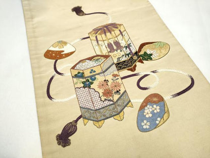 平和屋着物●アンティーク　大正ロマン　丸帯　総刺繍　綴れ　貝桶花文　正絹　逸品　CABL5115hy