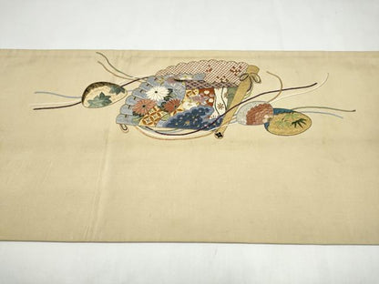 平和屋着物●アンティーク　大正ロマン　丸帯　総刺繍　綴れ　貝桶花文　正絹　逸品　CABL5115hy