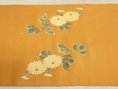 平和屋着物▼塩瀬　名古屋帯　帯反物　手描き　草花文　菊　金彩　逸品　未使用　DABI8520we