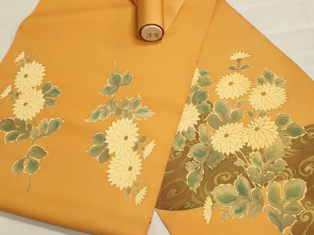 平和屋着物▼塩瀬　名古屋帯　帯反物　手描き　草花文　菊　金彩　逸品　未使用　DABI8520we