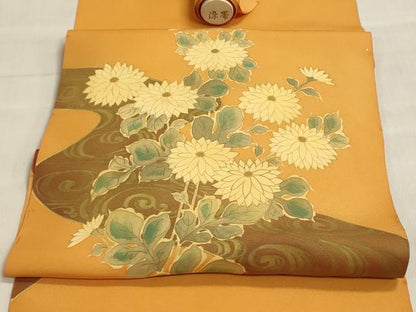 平和屋着物▼塩瀬　名古屋帯　帯反物　手描き　草花文　菊　金彩　逸品　未使用　DABI8520we