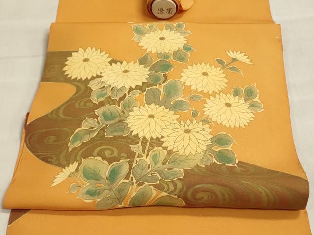 平和屋着物▼塩瀬　名古屋帯　帯反物　手描き　草花文　菊　金彩　逸品　未使用　DABI8520we