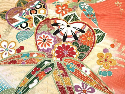 平和屋着物[]七五三　女の子　７歳　祝着　四つ身　襦袢(無双仕立て)セット　駒刺繍　橘笹竹梅花文　暈し染め　金彩　逸品　DABG3405ma