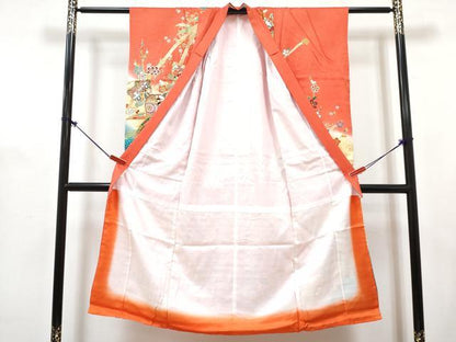 平和屋着物[]七五三　女の子　７歳　祝着　四つ身　襦袢(無双仕立て)セット　駒刺繍　橘笹竹梅花文　暈し染め　金彩　逸品　DABG3405ma