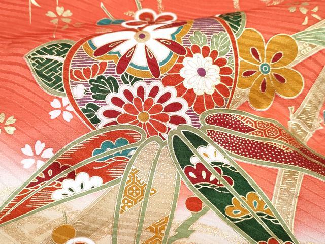 平和屋着物[]七五三　女の子　７歳　祝着　四つ身　襦袢(無双仕立て)セット　駒刺繍　橘笹竹梅花文　暈し染め　金彩　逸品　DABG3405ma