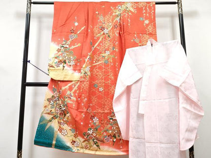 平和屋着物[]七五三　女の子　７歳　祝着　四つ身　襦袢(無双仕立て)セット　駒刺繍　橘笹竹梅花文　暈し染め　金彩　逸品　DABG3405ma