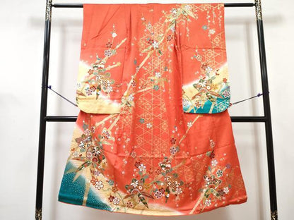 平和屋着物[]七五三　女の子　７歳　祝着　四つ身　襦袢(無双仕立て)セット　駒刺繍　橘笹竹梅花文　暈し染め　金彩　逸品　DABG3405ma