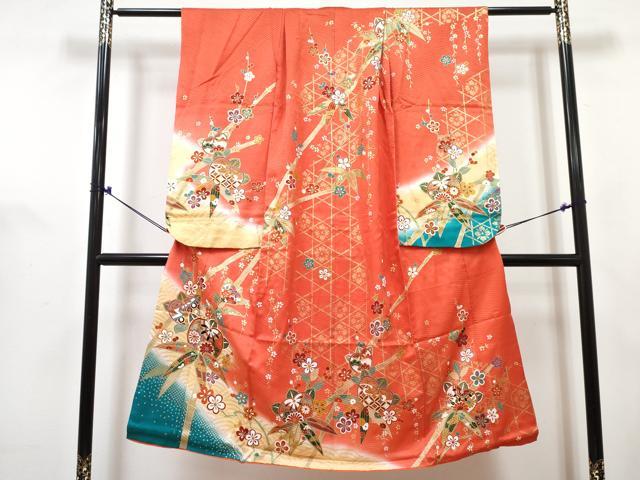 平和屋着物[]七五三　女の子　７歳　祝着　四つ身　襦袢(無双仕立て)セット　駒刺繍　橘笹竹梅花文　暈し染め　金彩　逸品　DABG3405ma