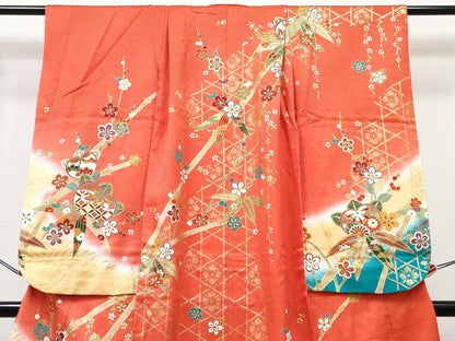 平和屋着物[]七五三　女の子　７歳　祝着　四つ身　襦袢(無双仕立て)セット　駒刺繍　橘笹竹梅花文　暈し染め　金彩　逸品　DABG3405ma