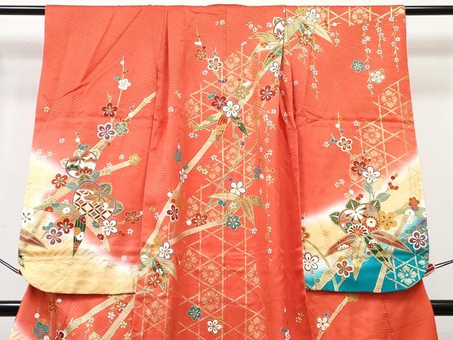 平和屋着物[]七五三　女の子　７歳　祝着　四つ身　襦袢(無双仕立て)セット　駒刺繍　橘笹竹梅花文　暈し染め　金彩　逸品　DABG3405ma