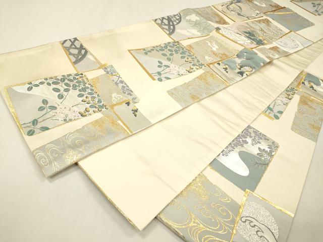 平和屋着物▼六通柄袋帯　紹伝　色紙花鳥文　金銀糸　正絹　逸品　DABI7920fe