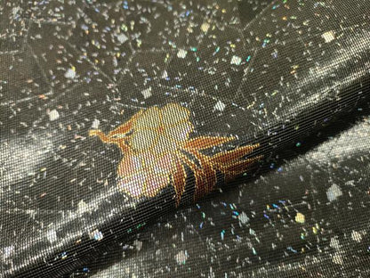 平和屋着物▼六通柄袋帯　螺鈿銀河箔　手織　舞蝶花丸文　黒地　金銀彩　鈴乃屋扱い　正絹　逸品　DABI7960fe