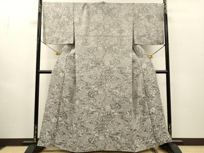平和屋着物▼上質なお召　天目織　辻が花　切嵌吉祥花文　正絹　逸品　DABJ7019fe