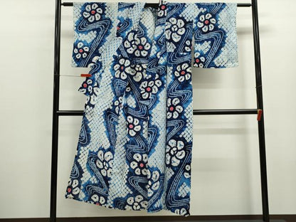 平和屋着物∴夏物　浴衣　有松鳴海絞り　蜘蛛絞り　流水舞花文　綿　逸品　CABL8033ze