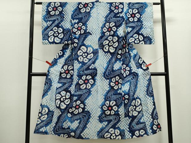 平和屋着物∴夏物　浴衣　有松鳴海絞り　蜘蛛絞り　流水舞花文　綿　逸品　CABL8033ze